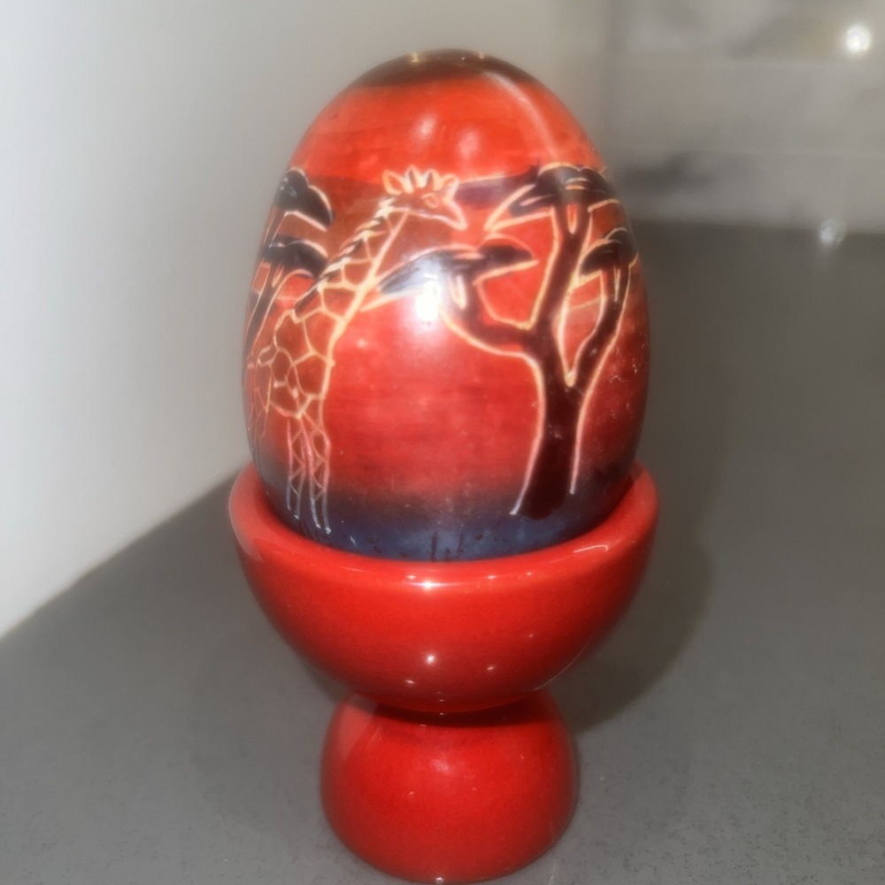 Unique KENYA Soapstone Egg Hand Carved & Painted Giraffe in Trees Multicolor 3"